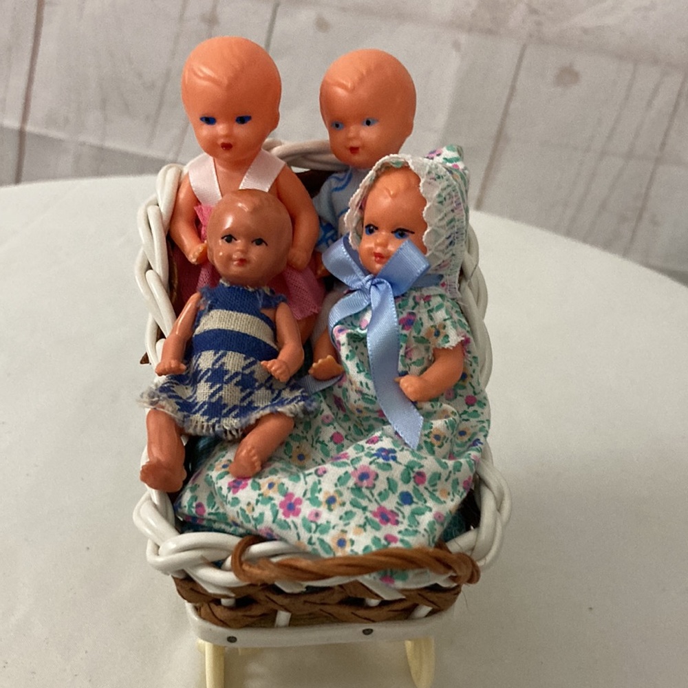 Vintage West Germany miniature Doll & Pram Lot 4 Celluloid plastic Dolls & buggy